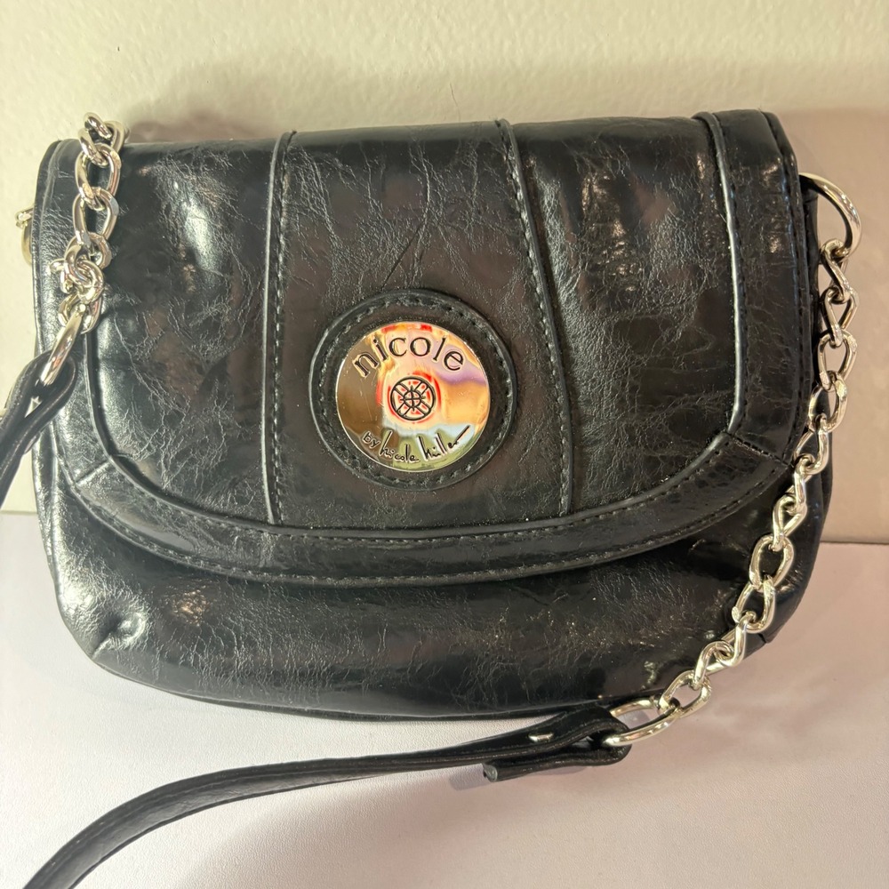 Nicole by Nicole Miller Black Crossbody Bag Small Concert Purse Silver Chain